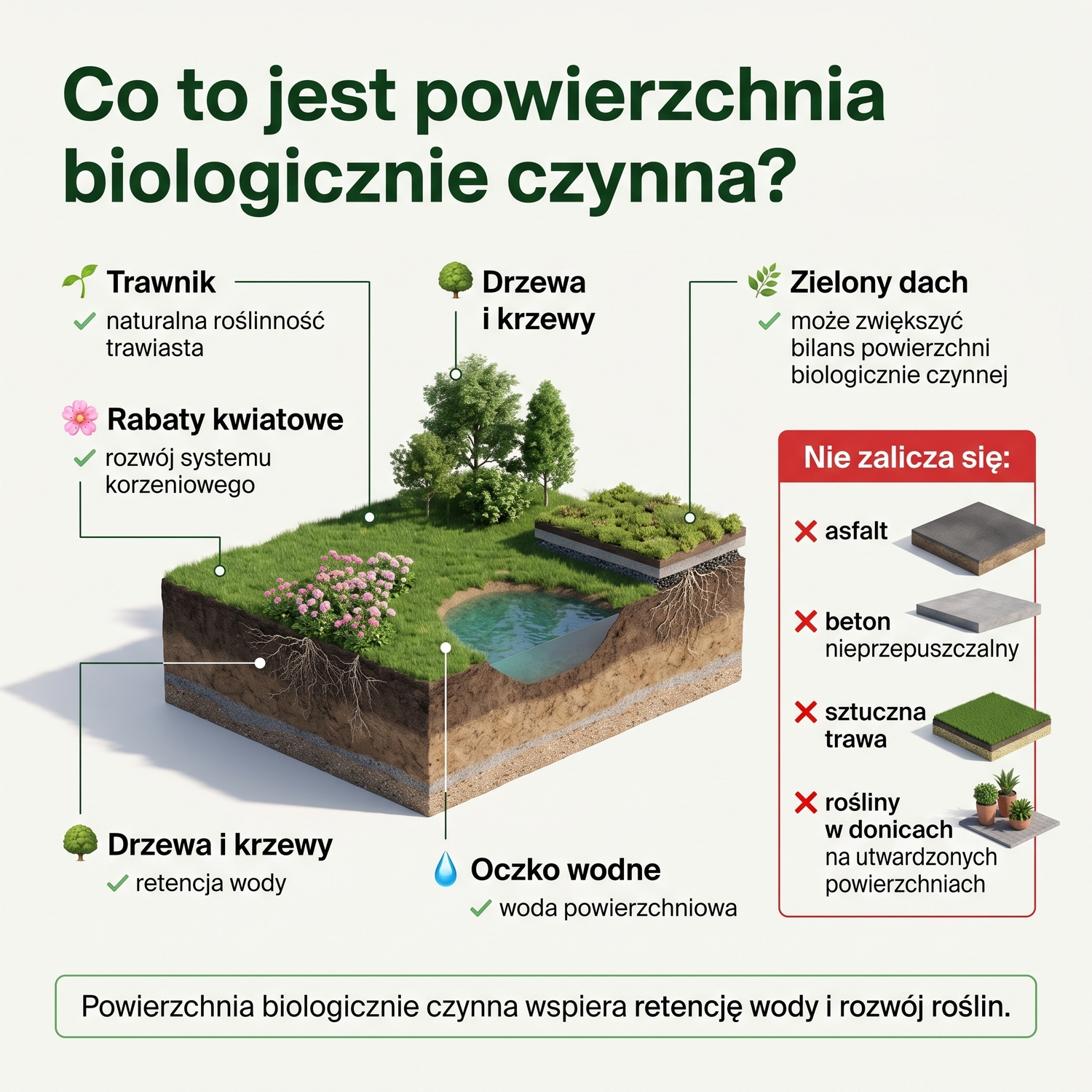 Ogród z trawnikiem i oczkiem wodnym - przykład zagospodarowania powierzchni biologicznie czynnej